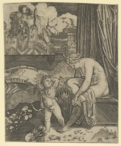 Venus naked sitting at right drying her foot with a piece of drapery, Cupid, in front of her, holding a bow in his right hand
