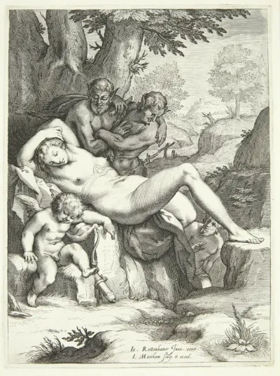 Venus og Amor sover og bliver iagttaget af satyrer