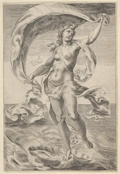 Venus on a half-shell, holding fabric over her head