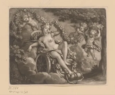 Venus op een strijdwagen omringd door cupido's met guirlandes