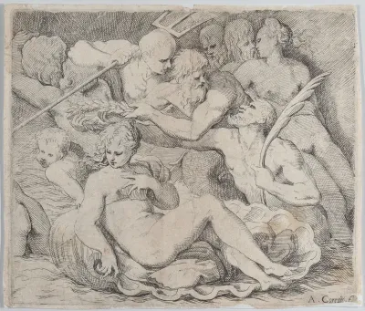 Venus, recumbent on a shell, surrounded by sea gods