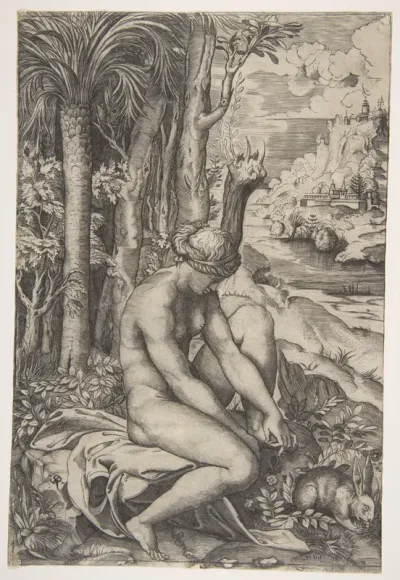 Venus removing a thorn from her left foot while seated beside trees and foliage, a hare eating grass before her