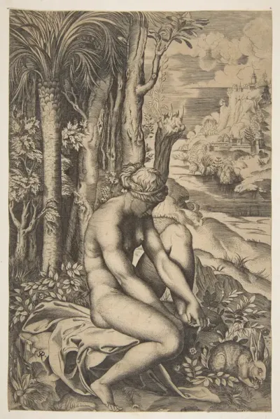 Venus removing a thorn from her left foot while seated on a cloth beside trees and foliage, a hare eating grass before her