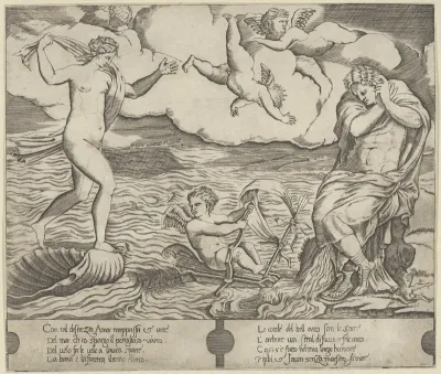 Venus riding a conch at left and cowering man (Jason) at right, Eros riding a makeshift boat holding a bow between them