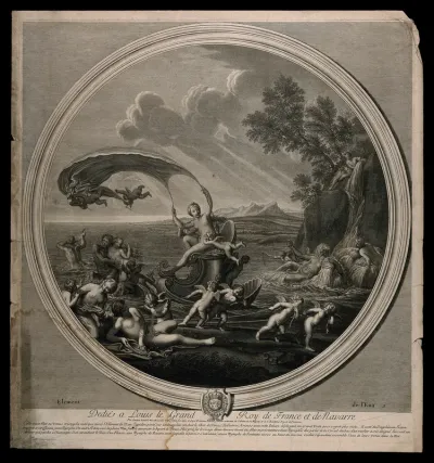 Venus riding a scallop shell chariot over the seas accompanied by Neptune, nymphs and cherubs, symbolising the element water