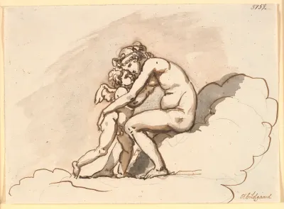 Venus, siddende i skyerne, omfavner Amor