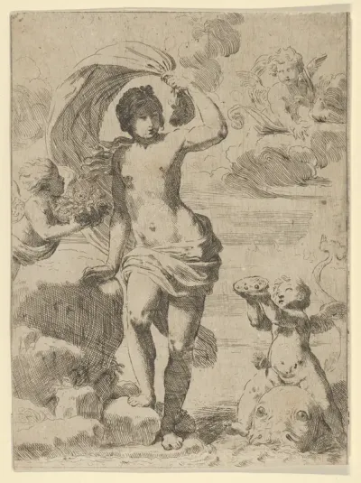 Venus stepping out of the sea, holding a billowing drapery in her left hand, Cupid at right offering pearls while riding a dolphin and a putto at left offering flowers, another in the clouds