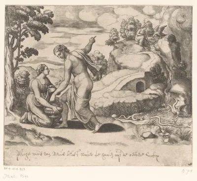 Venus stuurt Psyche naar een bron bewaakt door draken