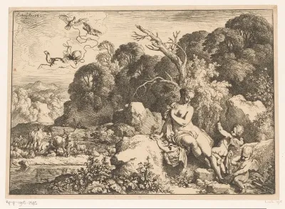 Venus zittend op een rots, vergezeld door drie putti