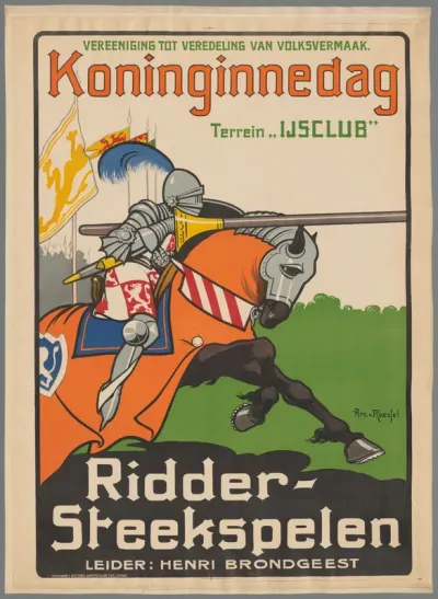 Vereeniging tot veredeling van volksvermaak. Koninginnedag Terrein "IJsclub". Ridder-Steekspelen. Leider: Henri Brondgeest