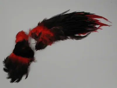Veren hoedencorsage: vleugel van zwart en rood geverfde veren