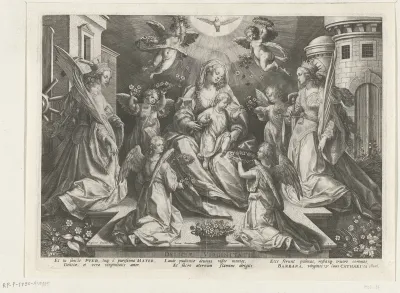 Verering van Maria met het Christuskind door de H. Catharina van Alexandria en de H. Barbara