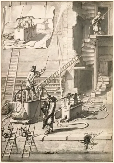 Vergelijking van de oude brandspuiten met Van der Heydens slangenbrandspuit