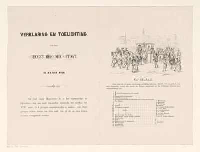 Verklaring en legenda bij eerste prent van Utrechtse maskerade in 1856