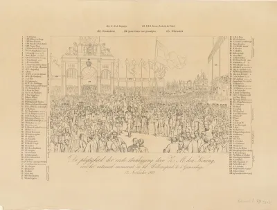 Verklaring van de prent 'De eerste steenlegging van Het Nationaal Monument'