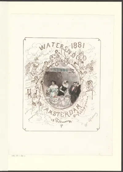 Verkoopdames op de fancy-fair in het Paleis voor Volksvlijt ten bate van de slachtoffers van de watersnood van 18 februari 1881