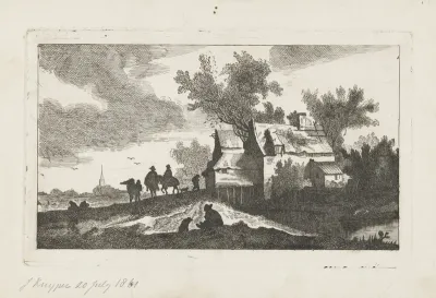Verlaten huis en ruiters, bij nacht