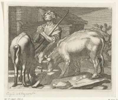 Verloren zoon als varkenshoeder met varkens bij trog