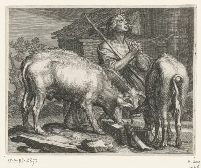 Verloren zoon als varkenshoeder met varkens bij trog
