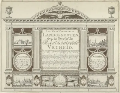 Vers in ornamentale omlijsting met liederen en dorpsgezichten ter ere van de Omwenteling in 1795
