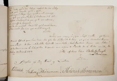 Vers på fransk og hilsner fra Bothilde Riegels Horneman samt Anthon og Hendrick Horneman