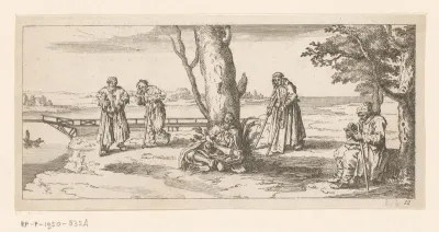 Verschillende figuren met krukken in een landschap