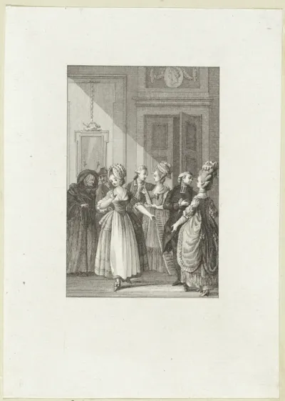 Verschillende paren en een oude dame in een vertrek