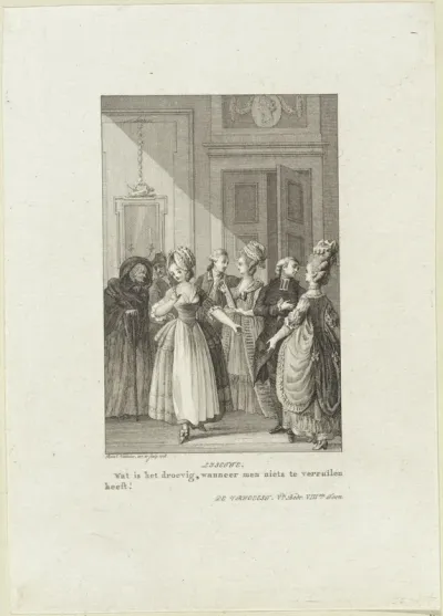 Verschillende paren en een oude dame in een vertrek