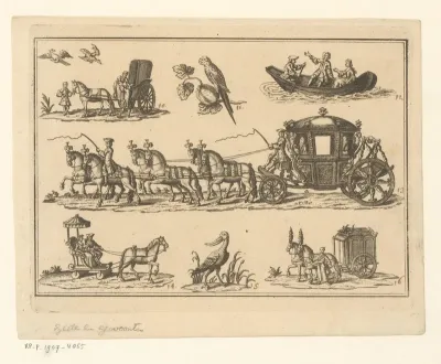 Verschillende rijtuigen, een roeiboot en vogels