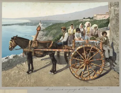 Versierde paardenkar met boeren in Palermo