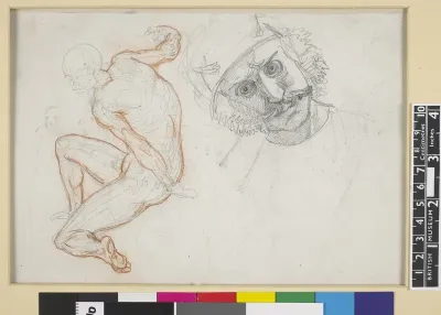 Verso Study of a figure in crouched position at l and the head of a man with staring eyes and a moustache
