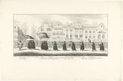 Vertegenwoordigers van de land- en zeemacht en verschillende landstreken in de lijkstoet van Anna van Hannover te Delft, 1759