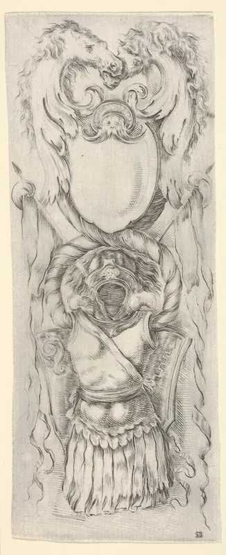 Vertical Panel with a Cartouche stacked on top of a Cuirass, from "Ornaments or Grotesques" (Ornamenti o Grottesche)