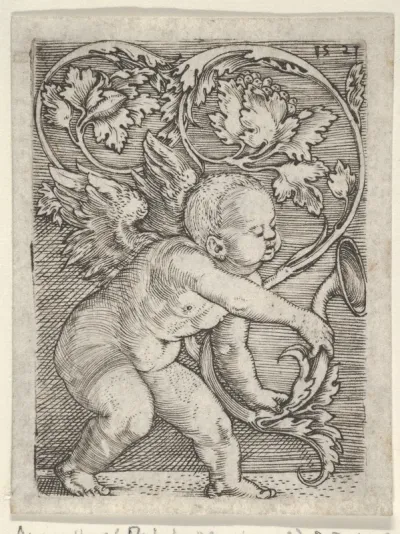 Vertical Panel with Cupid Holding the End of a Plant Sprouting Tendrils