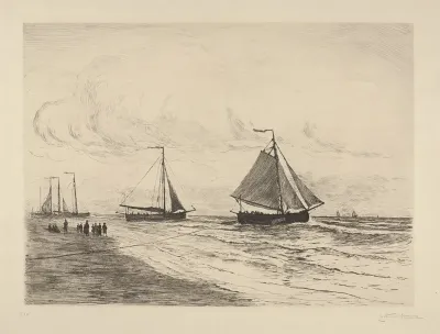 Vertrek van bomschuiten bij het strand van Katwijk