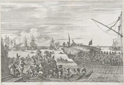 Vertrek van een galeischip in de haven van Livorno