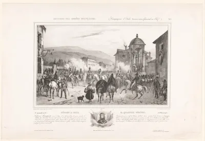 Vertrek van het Franse militaire hoofdkwartier uit Nice en portret van Napoleon Bonaparte