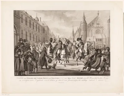 Vertrek van Willem V en zijn zonen vanuit het Binnenhof, 1795