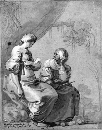 Vertumnus og Pomona siddende under et træ.