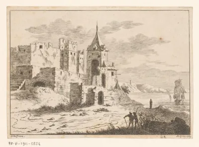 Vervallen kasteel in een rivierlandschap