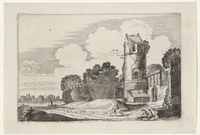 Vervallen ronde toren in een landschap