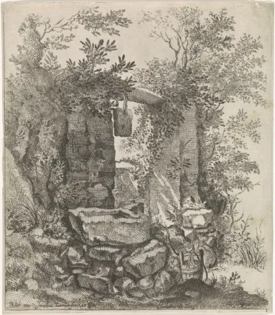 Vervallen stenen poort in een landschap