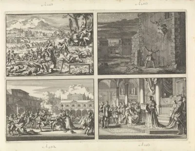 Vervolging van protestanten in Ierland, 1641 / Gravin van Aubigny ontsnapt uit haar gevangenis in Londen door uit het venster te springen, 1643 / Mannen uit het gevolg van de Portugese gezant te Londen schieten op de beurs Harcourt Greenway overhoop,