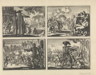 Vervolging van protestanten te Krakau met op de voorgrond twee Jezuïeten, 1606 / Vervolging van de hervormden in de Nederlanden, 1574 /  Straatgevechten in Genève ter verdediging tegen een aanval van Karel Emanuel, hertog van Savoye, 1602 / Inname va