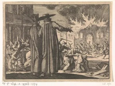 Vervolging van protestanten te Krakau met op de voorgrond twee Jezuïeten, 1606