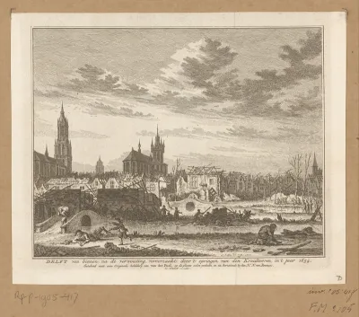 Verwoesting in Delft na de ontploffing van het buskruitmagazijn op 12 oktober 1654