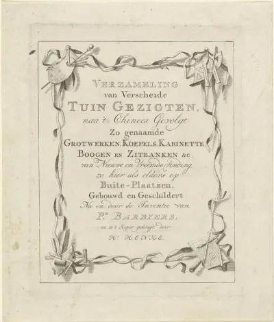 Verzameling van Verscheide Tuin Gezigten, naa 't Chinees Gevolgt, zo genaamde Grotwerken, Koepels, Kabinette, Boogen (...)