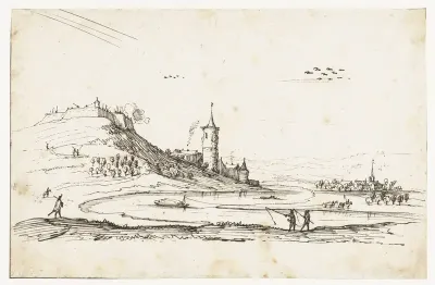 Vesting op een berg, met een dorp op de achtergrond