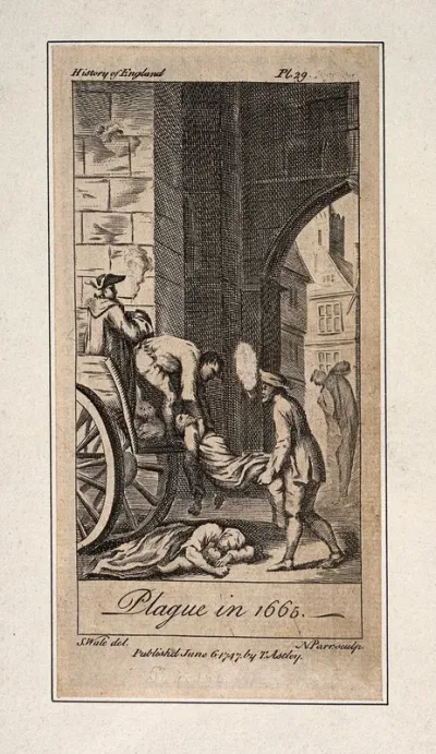 Victims of the plague in 1665 being lifted on to death carts