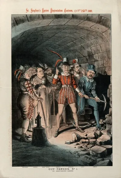 Victorian politicians sympathetic to Irish Home Rule in the guise of Guy Fawkes and his conspirators breaking into the undercroft of the House of Lords